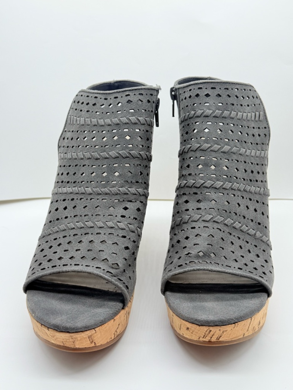 Fergalicious Gray Perforated Suede Cork Wedge Sandals - Picture 3 of 12